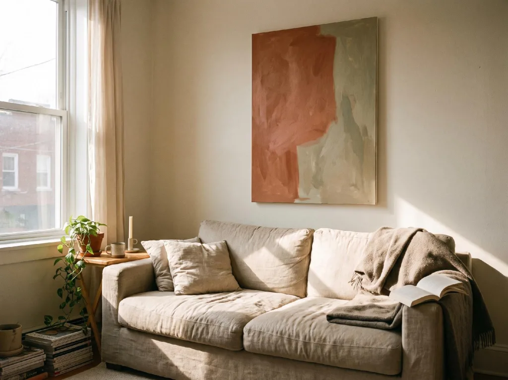 A bright, styled living room with a large statement art piece hung above a sofa