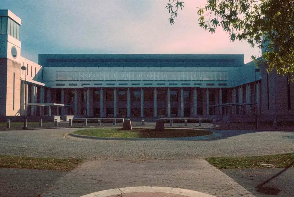 The imposing, column-lined facade of the Tennessee State Library and Archives, one of the unique things you can only do in Nashville. 