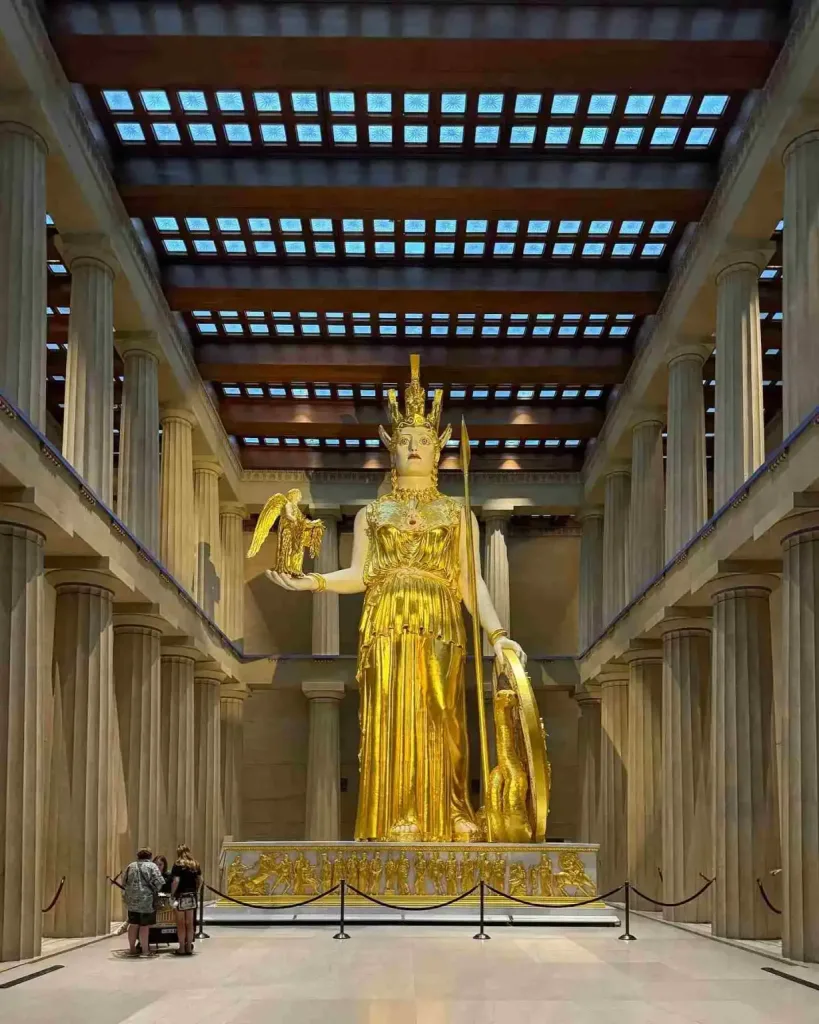 The stunning, massive golden statue of Athena inside the Parthenon, one of the unique things you can only do in Nashville. 