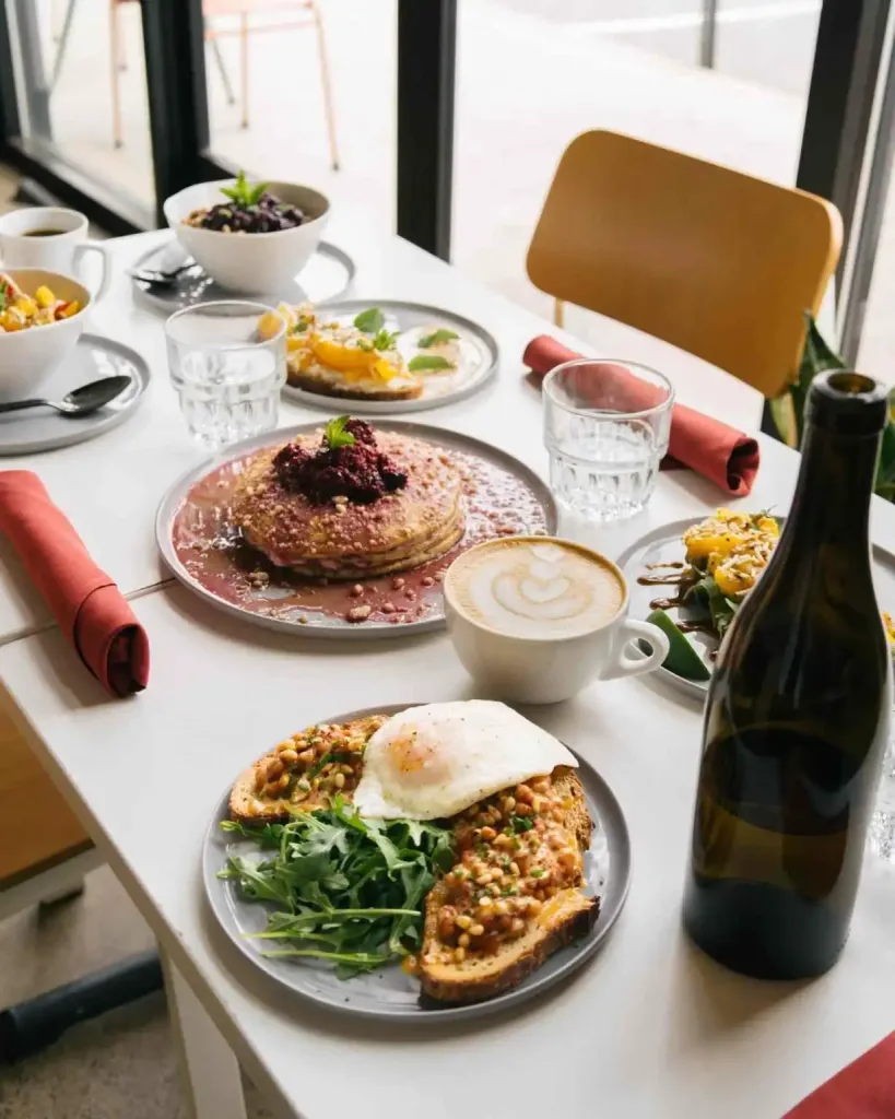 A delicious spread of breakfast dishes, including pancakes and avocado toast, at Flora and Fauna Nashville