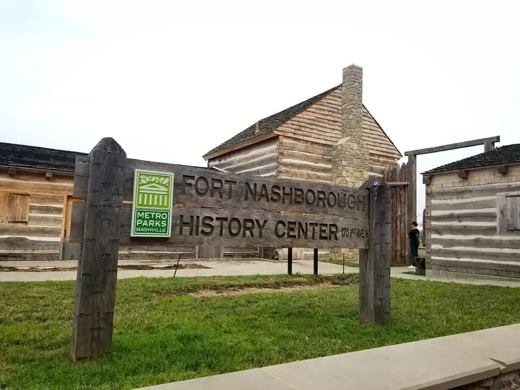 The log buildings and history center sign for Fort Nashborough, a Free Summer Activities To Do in Nashville