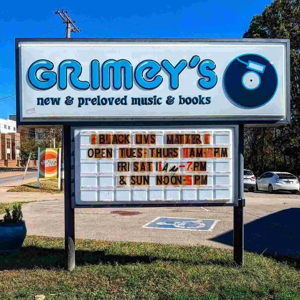 Grimeys Nashville: Vinyl, Records & Music City Treasures The marquee sign for Grimey's Nashville, advertising both new and preloved music and books