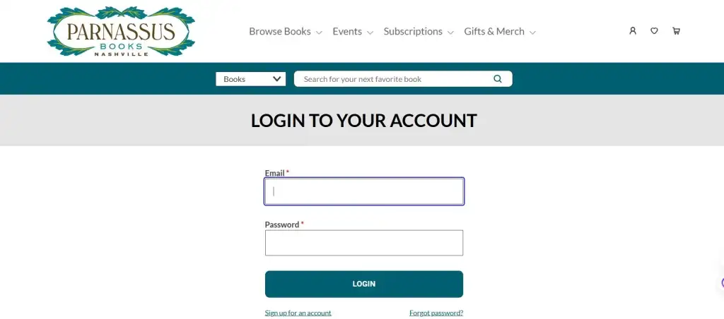 The website login page for Parnassus Books Nashville, featuring their distinctive logo