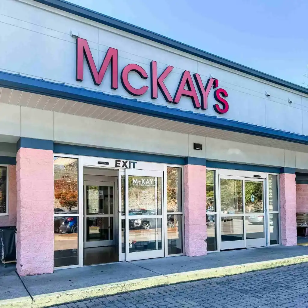 The massive red sign and entrance to McKay's, one of the Best Bookstores in Nashville