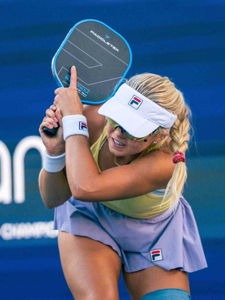Female pickleball player focusing on return shot during Nashville in April.