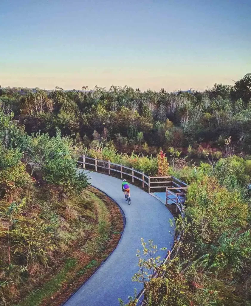 A cyclist rides on the paved path through the green Shelby Bottoms Greenway, one of many Summer Activities To Do in Nashville For Free
