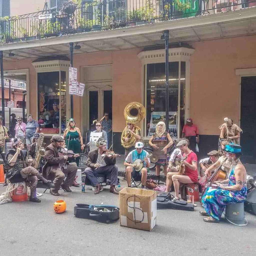 Street band performance in New Orleans, capturing the spirit of Nashville in June