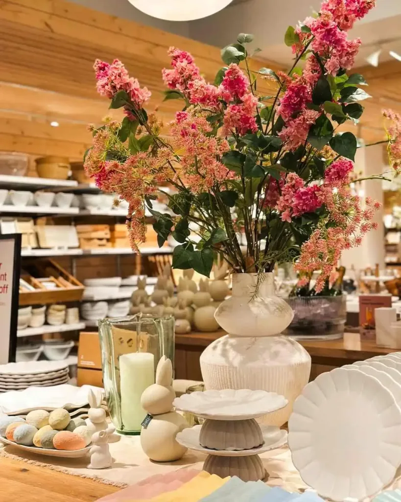 A seasonal decorative display featuring pink flowers and white ceramic plates, found in the Mall at Green Hills Nashville Guide