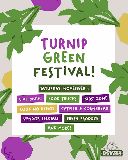 An advertisement for the Turnip Green Festival, November 1 — live music, food trucks, and fun in Nashville in November. 