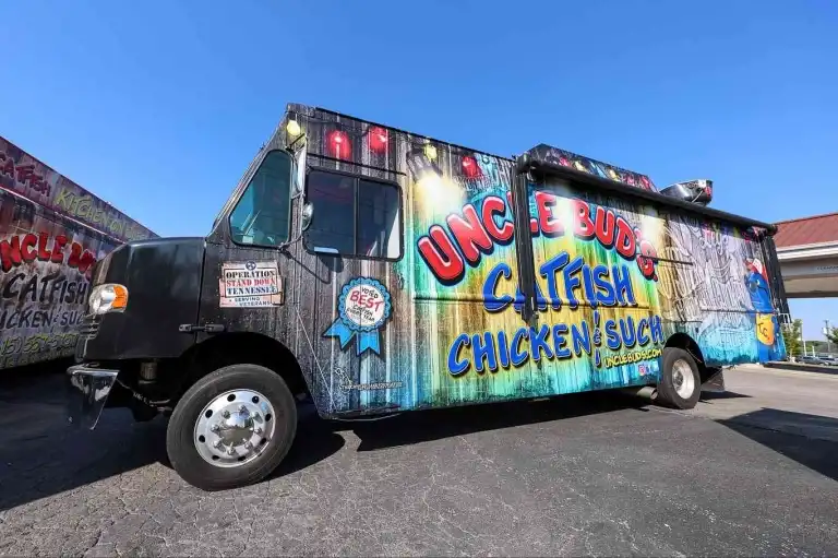 The Uncle Bud's food truck, serving catfish and chicken, often seen at Spicy Boys Nashville