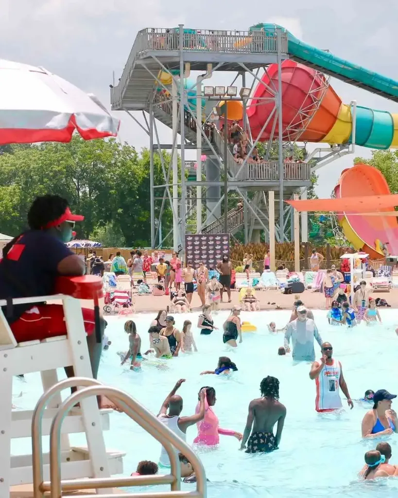 East Nashville Summer Bucket List Guide A crowded wave pool and water slides, an excellent way to Cool Off at Nashville Shores Waterpark on the East Nashville Summer Bucket List.