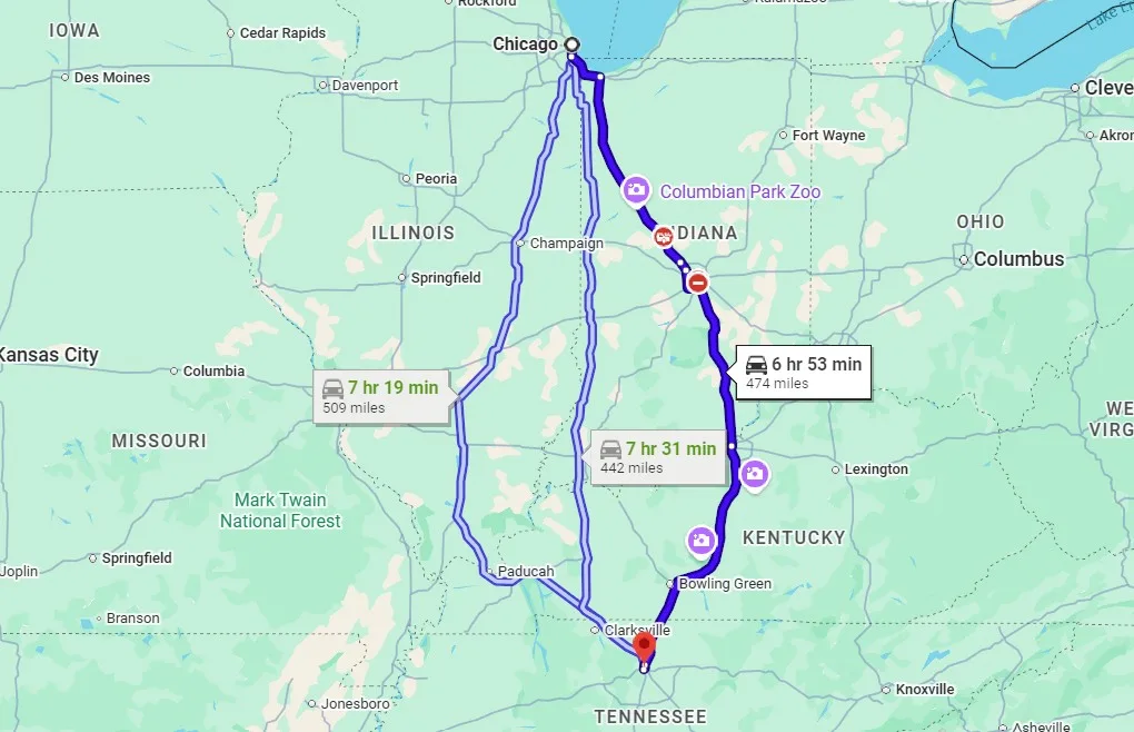 Chicago to Nashville drive distance
