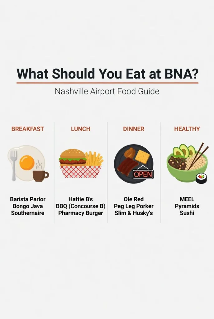 Nashville Airport Restaurants: Every BNA Food Option by Terminal (2026) Nashville Airport Food by Meal — Quick Reference