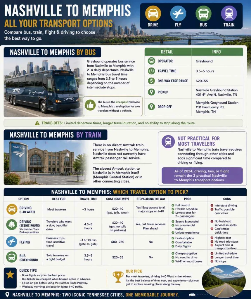 Nashville to Memphis Flights, Bus, & Train comparison