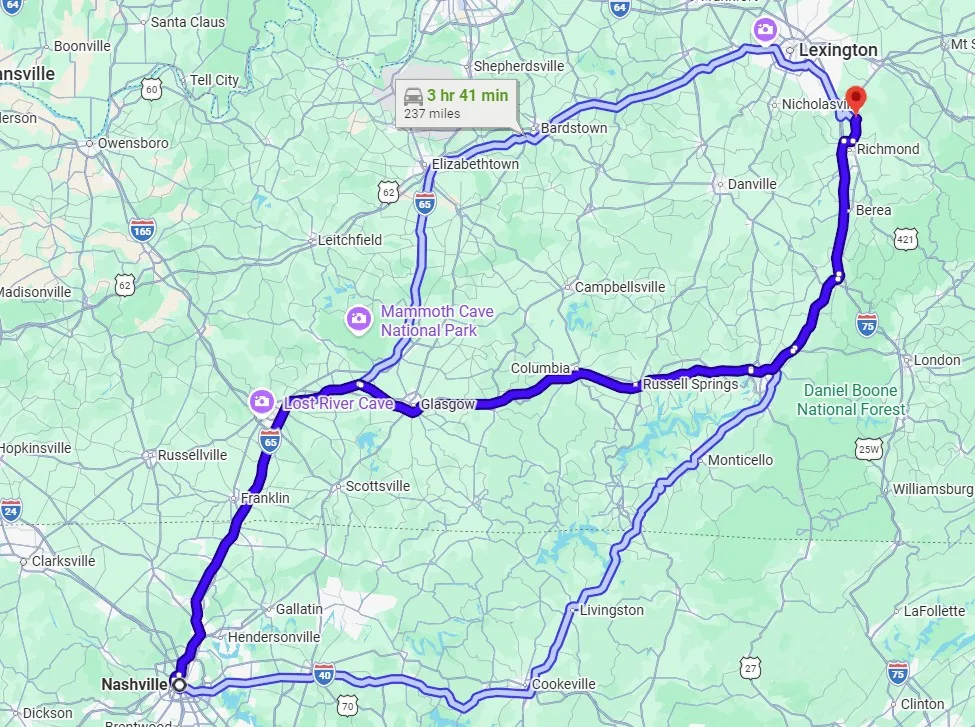 nashville to kentucky drive distance and time